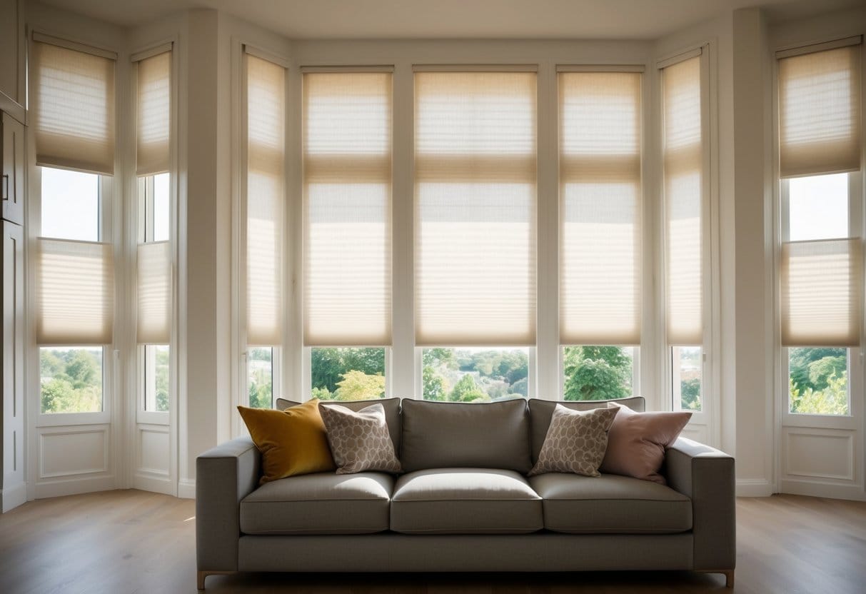 A stylish living room with sleek plisse blinds softly diffusing the light from the large windows